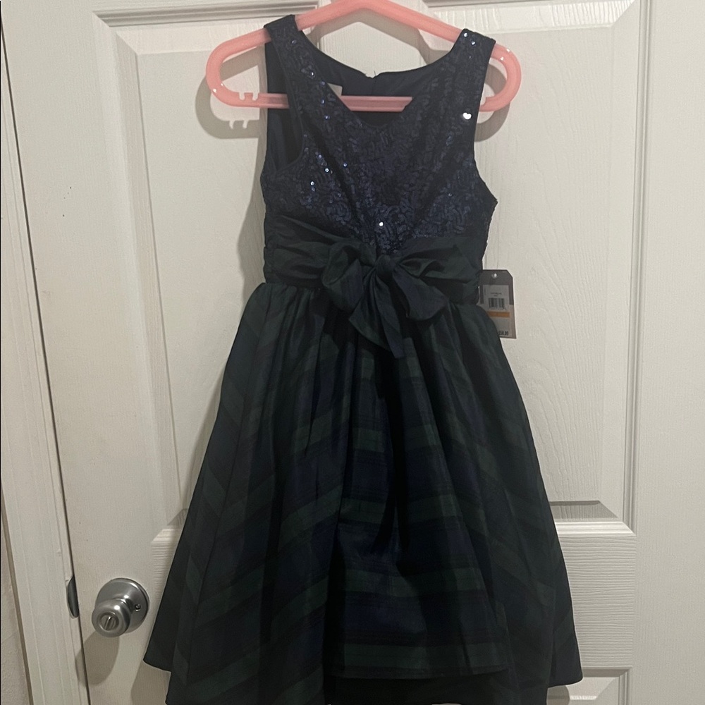 Pastourelle Navy and Green Plaid Formal Dress